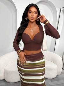 Fashion Solid Color Long Sleeve Diamond Neckline Bust Design Cropped Top + Contrast Stripe Slit Long Skirt Set, Autumn/Winter Brown & Green Two Pieces Outfit, Party & Street Style - Green-brown - View 7
