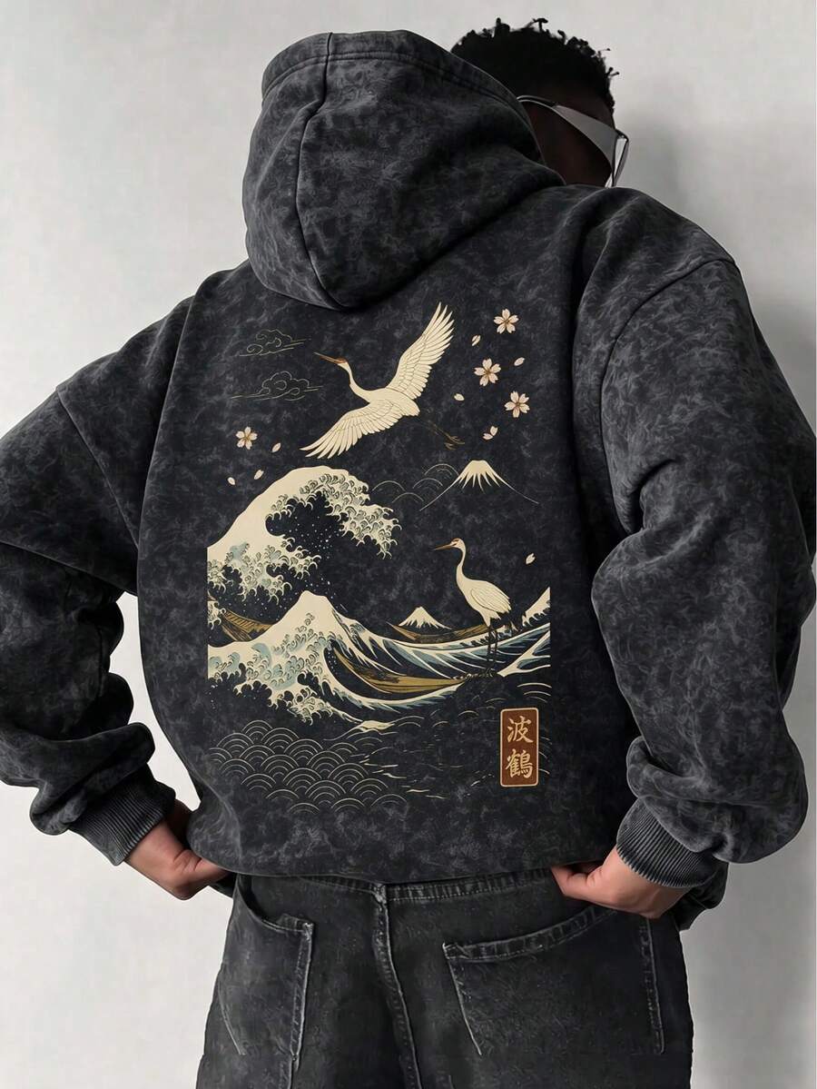 Men's Japanese Wave Mount Crane Print Hoodie Sweatshirt With Drawstring, Autumn/Winter - Black - View 1