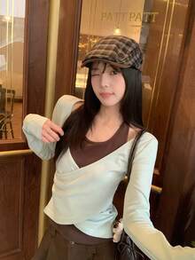 Korean Style Casual 2 In 1 Women's Top, College Autumn/Winter Design Fitted Base Layer Top - Mint Green - View 6