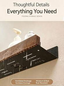 Rak Penyimpanan Dinding Kamar Mandi dari Kayu Walnut, Tidak Perlu Pengeboran, Rak Dinding Toilet & Wastafel dengan Drainase - MultiWarna - View 6