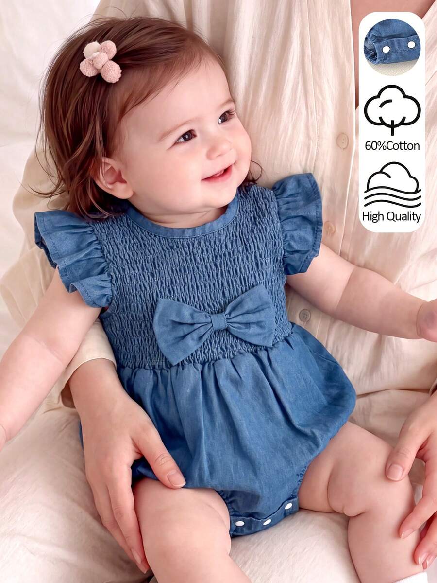 Infant Girls Denim Bubble Romper With Ruffle Sleeves, One-Piece Jumpsuit, Bow Decor, Cute Summer Outfit - Medium Wash - View 1