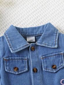 Baby Girl Denim Romper With Turn Collar, Ruffle Hem, Pink Bow Embroidery, Cuffed Long Sleeves, Autumn Fashion Infant Outdoor Crawler - Medium Wash - View 2