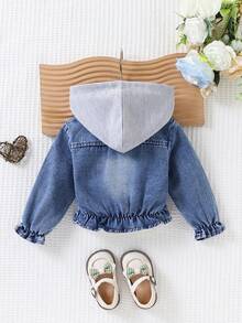 Detachable Hooded Patchwork Denim Jacket, Kids Washed Elastic Hem Cuffed Sleeve Casual Short Denim Coat For Boys And Girls - Royal Blue - View 6