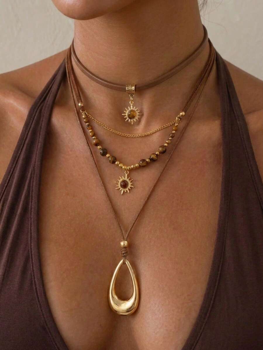 3pcs Fashion Vintage Autumn/Winter Tiger Eye Beaded Sun Water Drop Pendant Leather Rope Chain Layered Necklace Set, Suitable For Daily Wear And Gatherings, Gift For Friends - Multicolor - View 1