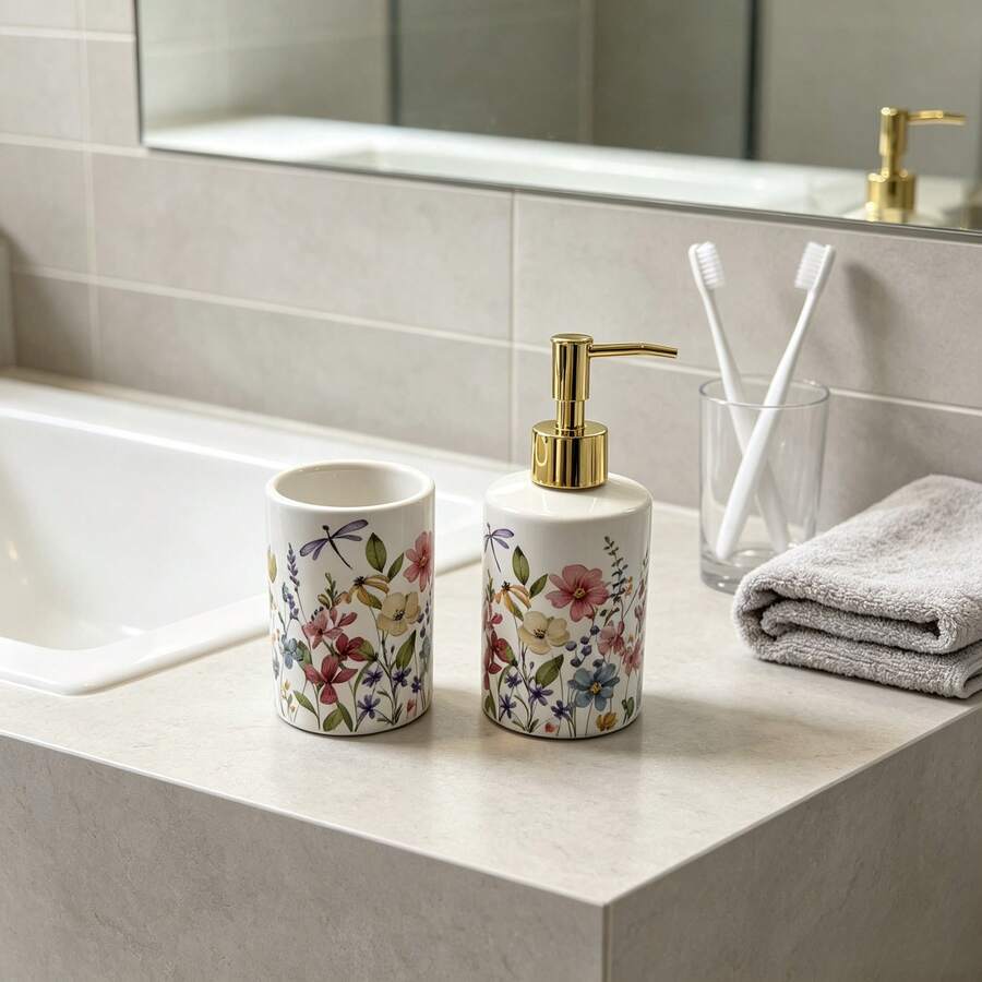 1pc Ceramic Lotion/Soap Dispenser Bottle, Pastoral Floral Pattern, Refillable Pump Design, Suitable For Hand Soap, Shampoo, Body Wash, Dish Soap, Etc., Ideal For Hotels, Vacation Rentals And Kitchen Or Bathroom Countertops - Multicolor - View 1
