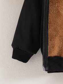 Boys' Casual Solid Color Zip-Up Raglan Long Sleeve Fleece Jacket Outerwear, Autumn/Winter - Black - View 8