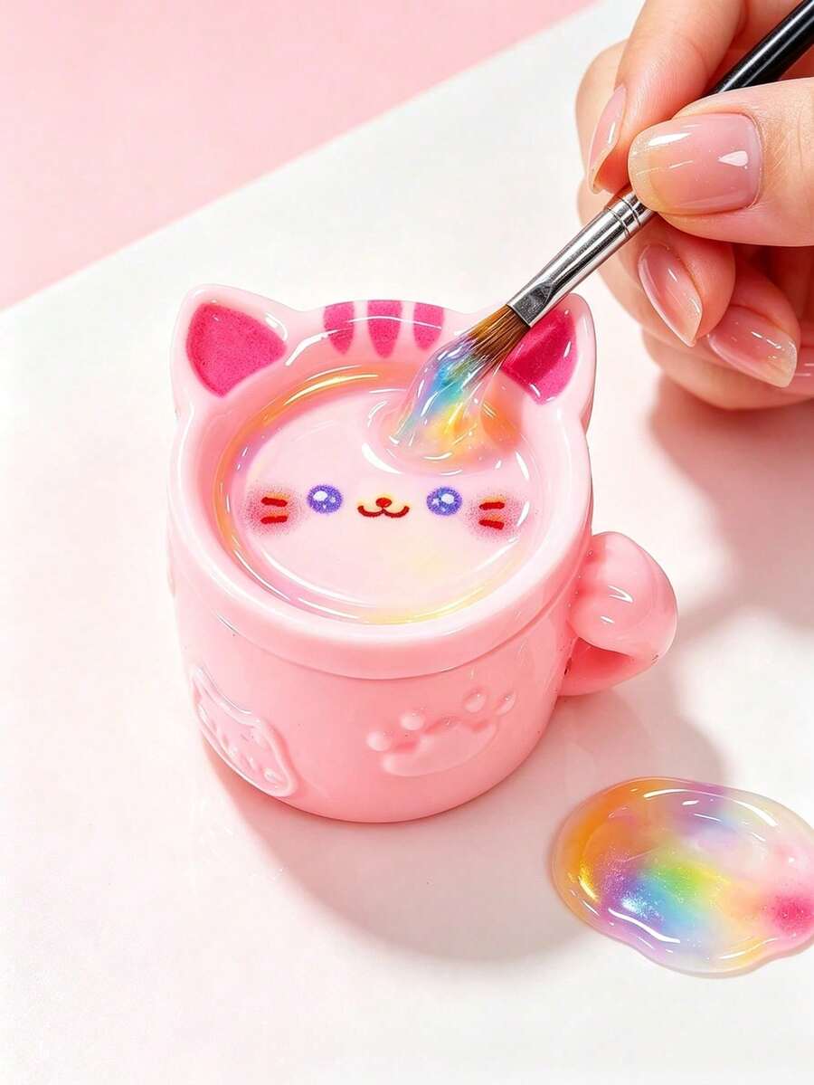 1pc 2-In-1 Cat Shaped Nail Art Palette & Brush Cleaning Cup, Mini Cartoon Pen Holder Nail Brush Cleaning Box, Multi-Function Nail Rhinestone Pearl Storage Box - Multicolor - View 1
