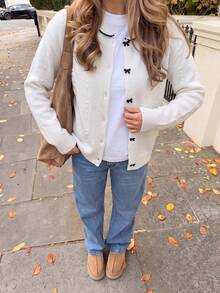 French Korean Style Bow Collar Knit Base Layer Top Women Autumn Winter Loose Slimming Long Sleeve Sweater Knit Cardigan - White - View 5