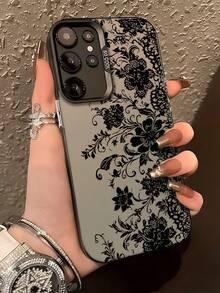 1 buah Casing Ponsel Motif Bunga Renda Hitam Matte untuk Android, Pelindung Ponsel Estetika Bunga Gelap Vintage, Casing Pelindung Anti Jatuh Elegan untuk Wanita, Kompatibel dengan Ponsel Seri 1 - Hitam - View 1
