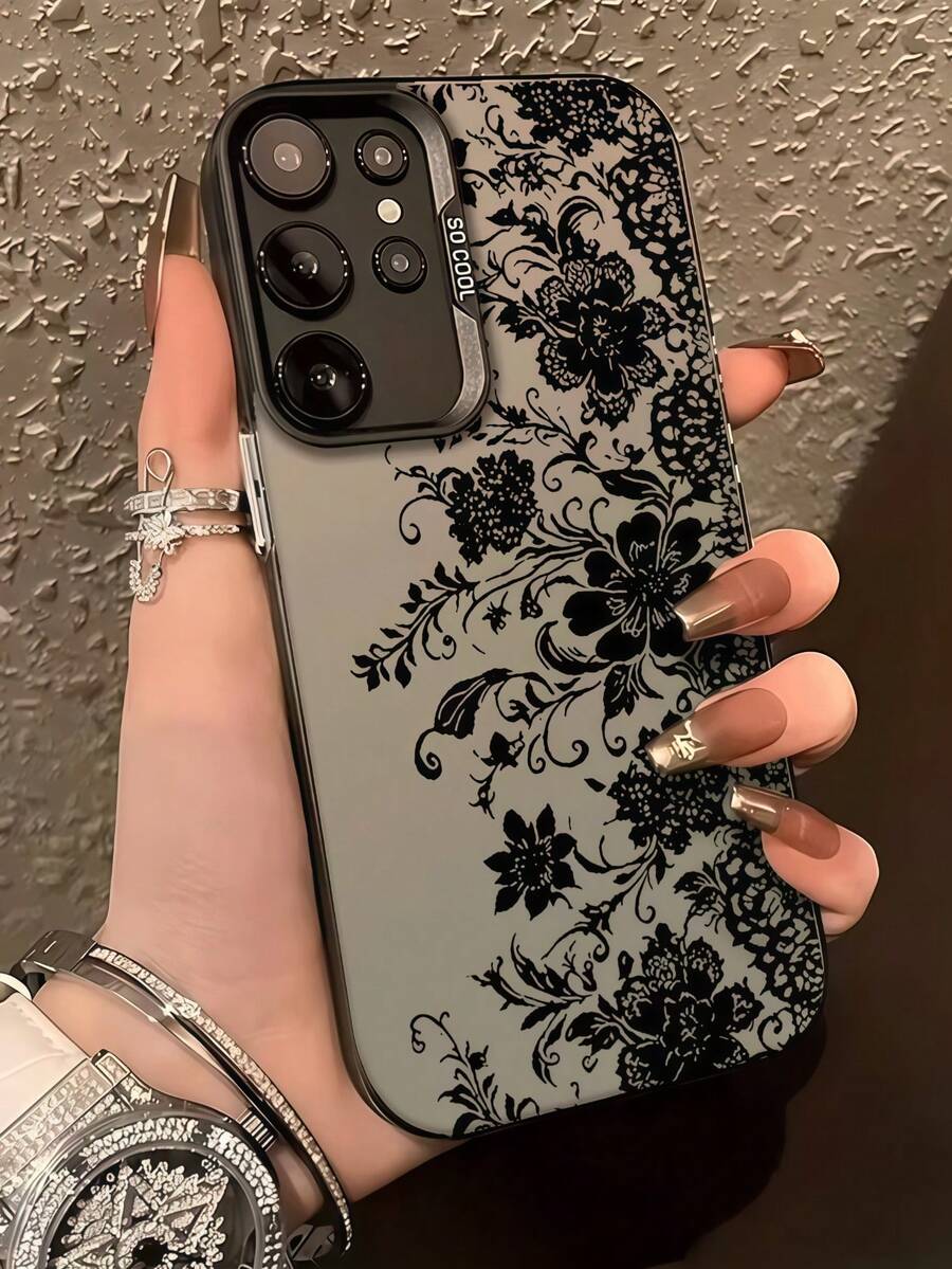 1 buah Casing Ponsel Motif Bunga Renda Hitam Matte untuk Android, Pelindung Ponsel Estetika Bunga Gelap Vintage, Casing Pelindung Anti Jatuh Elegan untuk Wanita, Kompatibel dengan Ponsel Seri 1 - Hitam - View 1