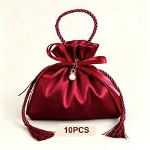 10pcs Burgundy Satin Drawstring Gift Bags, Pearl Tassel Candy Bags, Wedding Party Favor Bags, Bridal Shower Return Gift Storage Bags, Suitable For Jewelry And Small Gifts - A - View 9