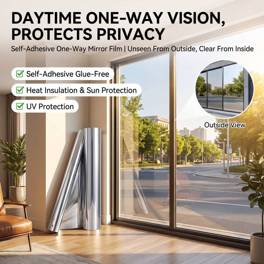 1 Roll One-Way Privacy Window Film, Heat Insulation & Sun Protection, Reflective Mirror Window Sticker, Suitable For Home Glass Windows, Static Adhesion, Removable, UV Protection, Anti-Glare - One-way Mirror - View 1