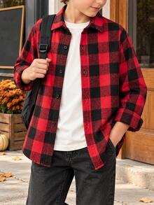 Unisex Kids Classic Street Casual Versatile Loose Fit Long Sleeve Red & Black Plaid Shirt, Suitable For Daily Wear, Vacation, Party And Other Activities - Red and Black - View 6