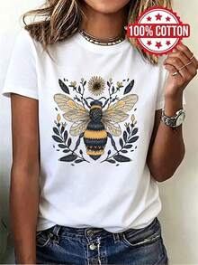 1PC 100% Cotton Bee Floral Pattern Ladies' Short-Sleeve T-Shirt. - White - View 1