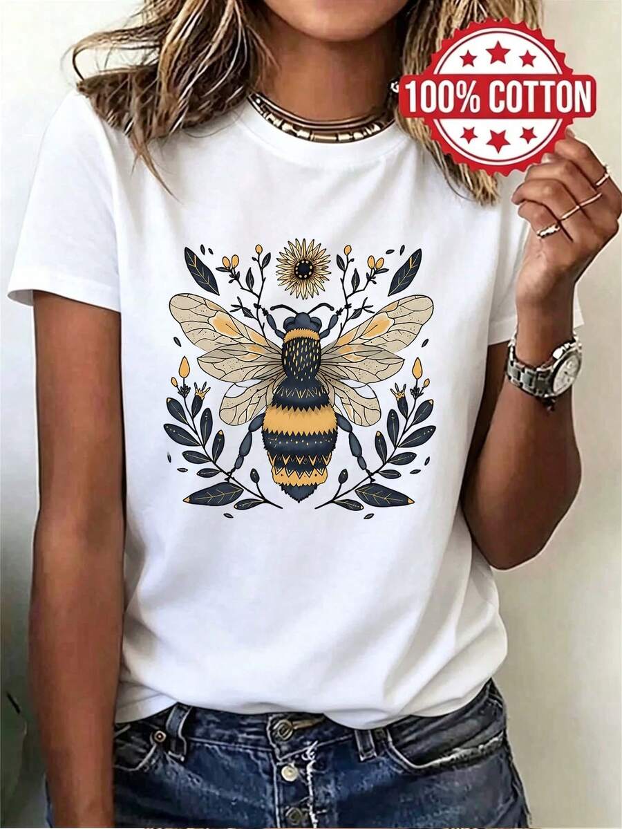 1PC 100% Cotton Bee Floral Pattern Ladies' Short-Sleeve T-Shirt. - White - View 1