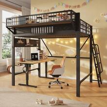 Loft Bed, 140 X 200 Cm, Metal Bed Frame, Storage Compartments, Open Lower Level, Without Mattress, Black - Black + Metal + 140cm*200cm - View 4