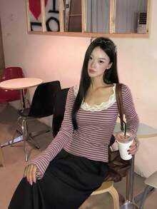 女款長袖底層T恤 2026春季新款 黑色條紋蕾絲修身設計上衣 - 粉色 - 查看 1