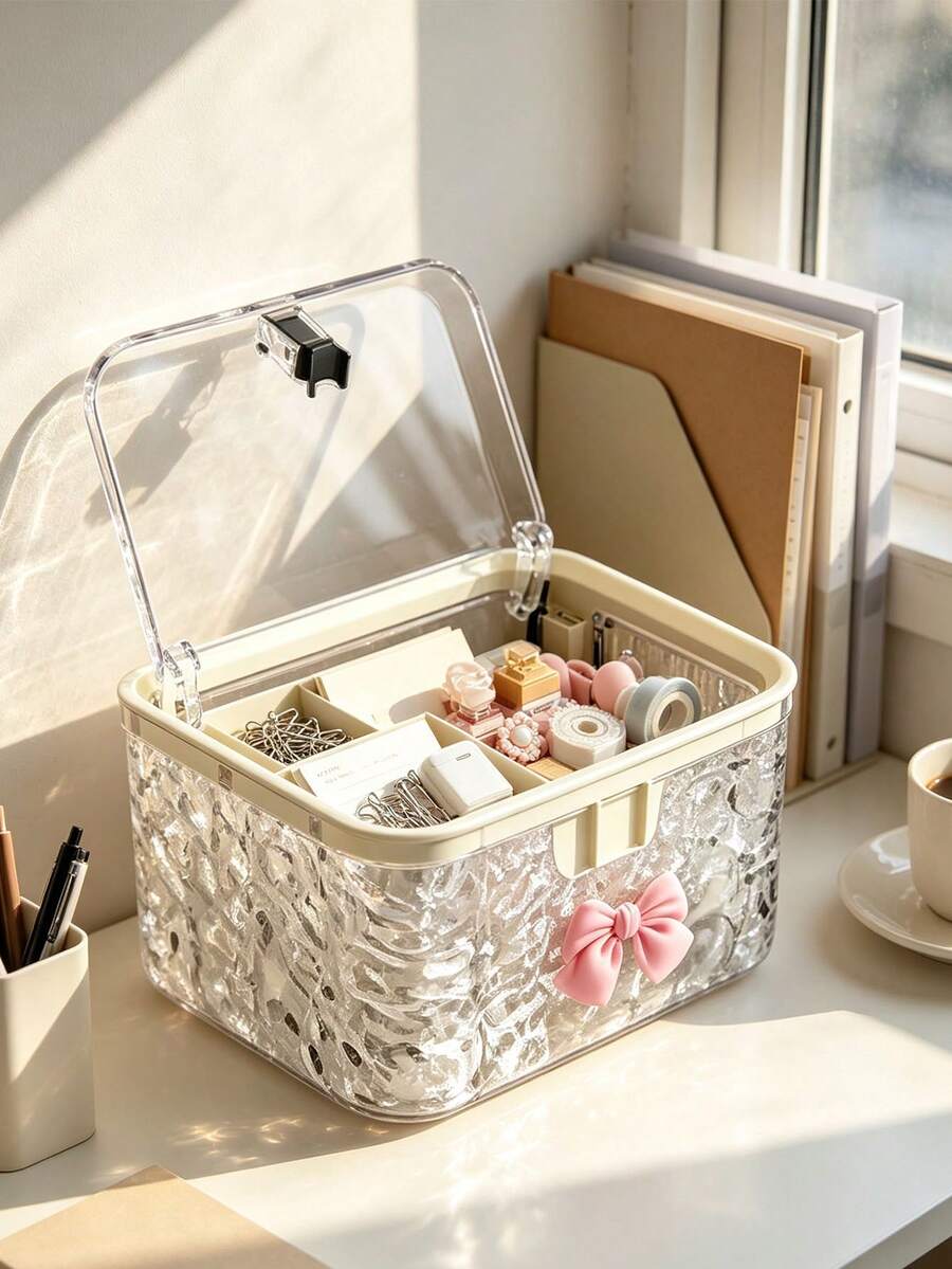Mini Desktop/Car Storage Box With Lid, Decorated With A Pink Bow; Cute ...