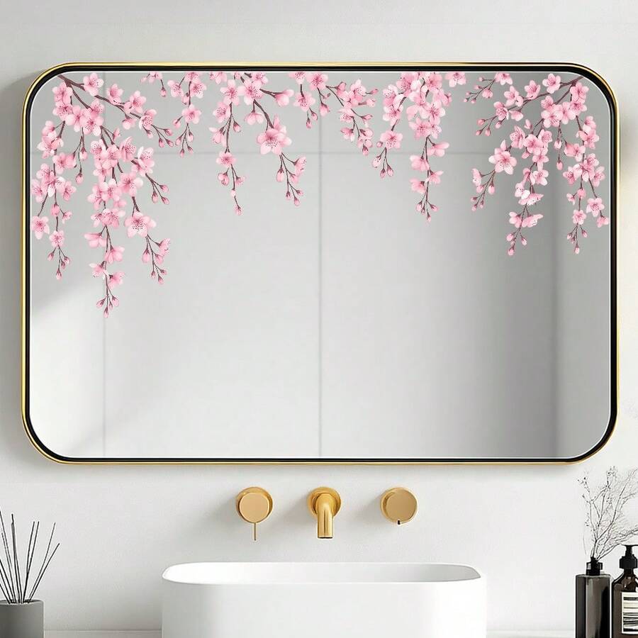 1pc 2D Pink Cherry Blossom Hanging Branch Self-Adhesive Sticker, Romantic Floral Branch Bathroom Mirror Frame Door Window Decorative Decal - Multi-color - View 1