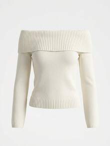 Women's Off-Shoulder Folded Long Sleeve Knit Sweater, Fitted Solid Color Pullover Top, Suitable For Dating, Party And Daily Wear - White - View 7