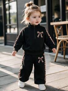 2pcs Baby Girl Casual Sports Bow Print Long Sleeve Sweatshirt & Wide Leg Pants Set, Thin Spring/Autumn - Black - View 1