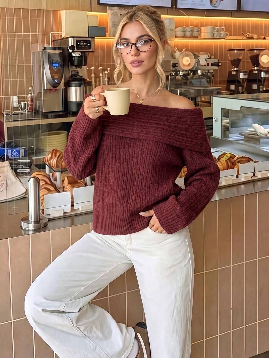 Nicenter Women's Burgundy Cold Shoulder Folded Ribbed Wool Blend Sweater, Long Sleeve Slim Fit Knit Top, Casual Versatile Daily Street Date Outfit - Red - View 1