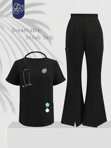 Solid Color V-Neck Short Sleeve Top And Split Leg Pants, Lab/Nurse/ Scrub Set With Pockets Fall Black - Black - View 4