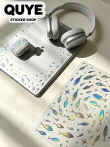 1pc Decor Stickers With Tweezer, Stickers For Laptop, Holographic Iridescent Fish & Star Motif, Aesthetic Ocean‑Style Ornamental Decals, For Phone Case, Camera, Tumbler, Gift Card Decoration - Laser Fish School - View 4