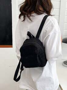 Fashionable And Versatile Solid Color Corduroy Laptop Work Backpack For Women, Mini Water Resistant Campus Daypack For High School College, - Black - View 6