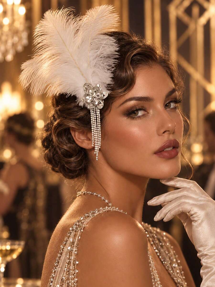 outingfit 1pc 1920s White Feather Rhinestone Tassel Women's Hair Comb, Vintage Flapper Headpiece, Suitable For Wedding, Cocktail Party, Ball And Other Occasions - Feather Tassel - View 1
