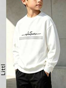 Tween Boys Letter & Stripes Print Crewneck Sweatshirt, Soft Fleece Long Sleeve Pullover, Casual Basic Top For Fall Winter School Daily Wear - White - View 1