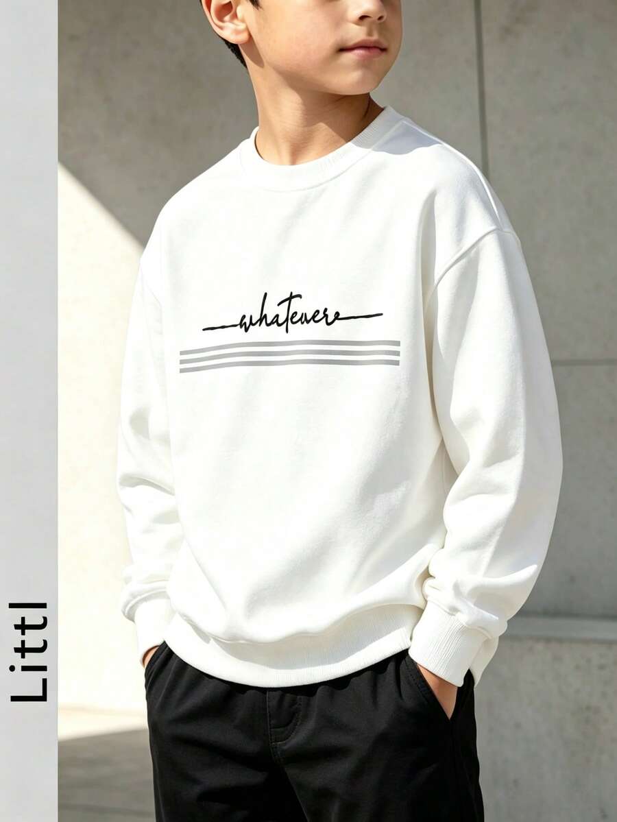 Tween Boys Letter & Stripes Print Crewneck Sweatshirt, Soft Fleece Long Sleeve Pullover, Casual Basic Top For Fall Winter School Daily Wear - White - View 1