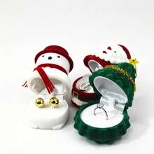 Cute Christmas Themed Jewelry Box, Velvet Ring Earring Storage Box, Festive Santa Snowman Xmas Tree Shaped Gift Box For Proposal Engagement Holiday Gift Giving - Multicolor - View 2