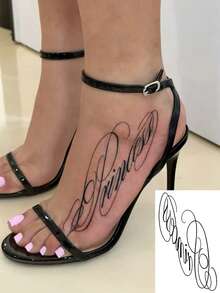 1 Sheet Cursive Princess Letter Temporary Tattoo Stickers, Elegant Script Text Fake Tattoos, Romantic Curved Word Body Art For Women Girls, Waterproof Ankle Foot Decor - Black - View 1