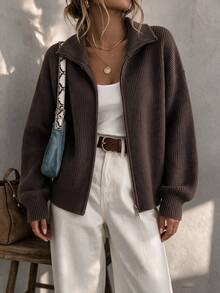 1pc Women's Knitted Cardigan With Lapel Collar And Zipper Design, Loose Fit Slouchy Knit Sweater, New Arrival For Autumn/Winter - Brown - View 8