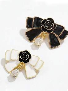 2pcs/Set French Camellia Flower & Bow Brooch, Black & White Crystal Teardrop Lapel Pin, Luxury Elegant Suit Accessory - Black+White - View 3