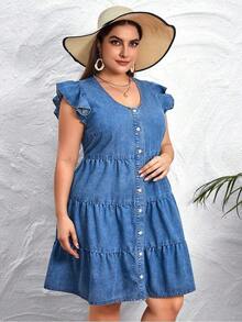 Vestido de mezclilla Prive Plus con botones delanteros y bajo con volantes - Azul lavado medio - Ver 4