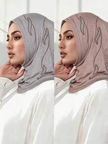 2pcs/Set Women's Fashionable Exquisite Muslim Hijab Headscarf, Silky Cotton Super Soft Fabric, Rhinestone Craft, Middle Eastern Home Fashion Headscarf - 2-pack Mercerized Cotton Rhinestone Headband, Multi-color - View 11