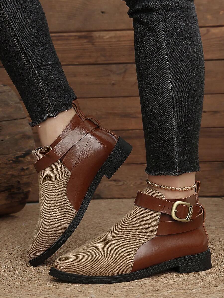 Women's Fashion Pointed Toe Autumn/Winter Plus Size Buckle Slip-On Colorblock Ankle Boots And Ankle Boots - Brown - View 1