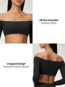 NcmRyu Women's 1pc Solid Color Off-Shoulder Long Sleeve Cropped Top, Highlights Shoulder And Neckline, Fitness Wear - Black - View 4