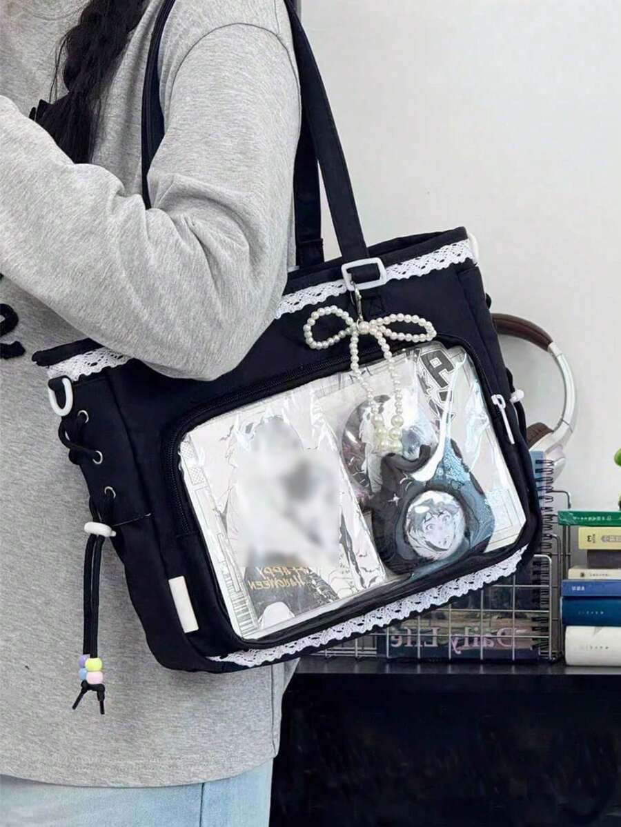1件甜美淑女清新百搭單肩包，珍珠蝴蝶結亮點盡顯精緻優雅，動漫JK Cosplay DIY透明裝飾包，蕾絲飾邊裝飾，雙抽繩日常休閒大容量托特包，女款包，極簡優雅女款錢包，痛包