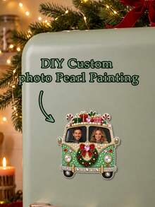Custom DIY 3D Pearl & Diamond Art Fridge Magnet Set, Personalized Christmas Bus Photo Frame With Shiny Pearls, Holly Berries, Bows, Handmade Fridge Magnet Decor, Holiday Christmas Birthday Gift For Women, Girls, Mom, Daughter - Multicolor - View 3