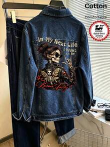 Women's Denim Jacket, Skull Graphic White Ink Direct-To-Garment Print, Vintage Washed Loose Fit Denim Jacket - Dark Denim Blue - View 9
