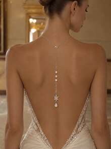 1pc Exquisite Floral Rhinestone Pendant Back Necklace, Vertical Pearl Beaded Water Drop Long Tassel Bridal Backless Wedding Dress Floral Pearl Back Chain - Rhinestone - View 3