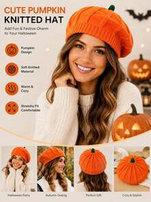 1pc Cute Pumpkin Hat, Women's Knitted Pumpkin Beanie, Soft & Warm, Elastic & Comfortable, Suitable For Halloween Party And Autumn/Winter Holiday Accessory - Multicolor - View 7