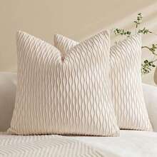 1/2 piezas Funda de cojín de terciopelo beige con rayas onduladas, funda de cojín cuadrada, decoración del hogar para días festivos, tela suave y cómoda, decoración moderna para sofá, dormitorio, dormitorio - Beis - Ver 12