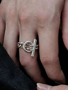 1pc Men's Single Ring, Silver-Tone Copper Material Fashionable Personalized Punk Style Geometric Chain OT Clasp Shape Ring, Suitable For Daily Wear And Party Matching - Silver - View 4