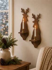 1pc/1set Christmas Deer Wall Candlestick Retro Dark Brown Wall Mounted Storage Rack Party Background Decoration Candlestick Holiday Hanging Storage Rack Home Decoration Suitable For Bedroom Entrances Living Room Fireplace Wall Gifts - Multicolor B - View 10