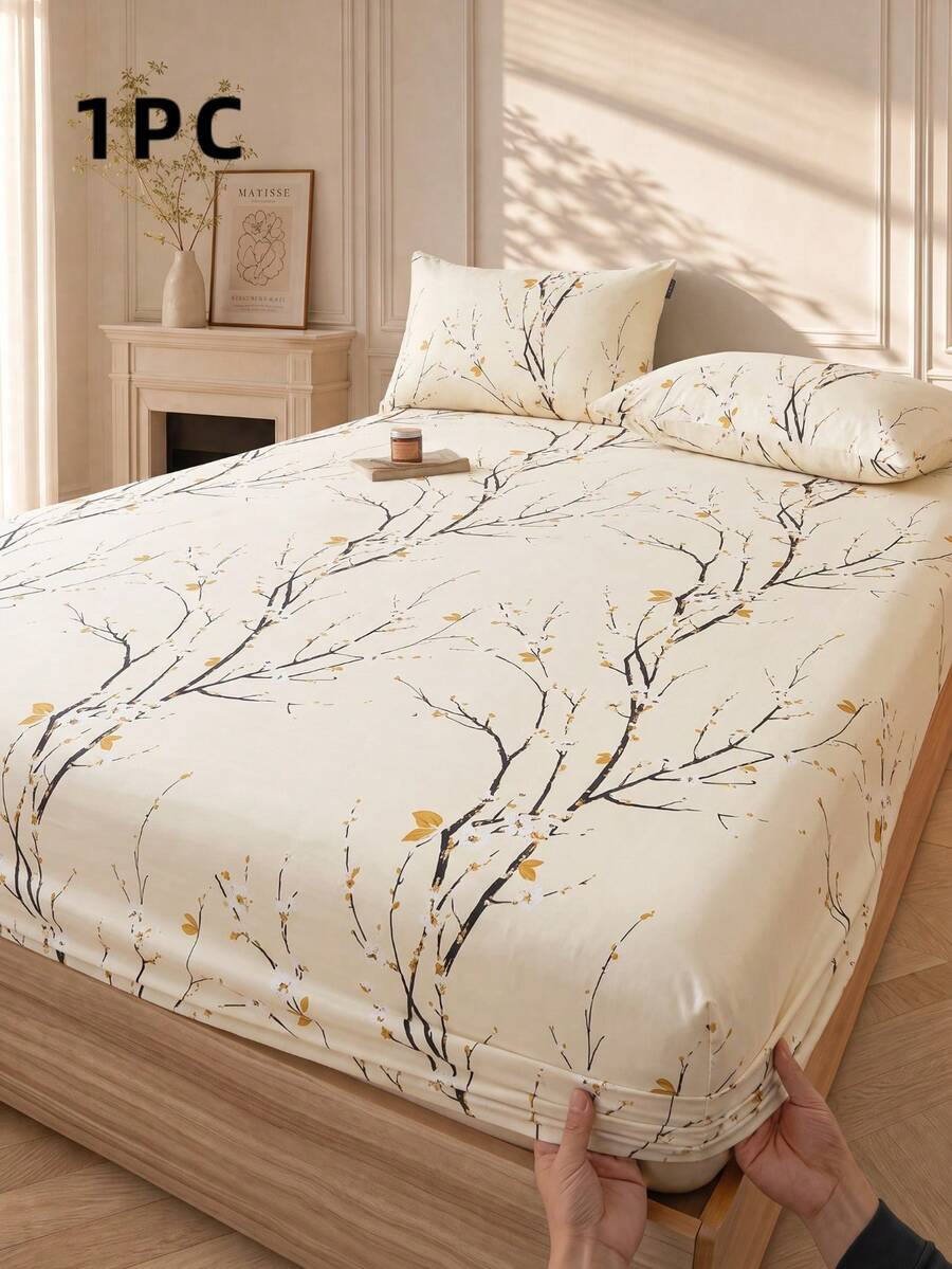 1pc Beige Plum Blossom Pattern Fitted Sheet, Mattress Protector, Mattress Cover, Fitted Sheet, Soft & Breathable, Fits All Bed Sizes - Twin, Full, Queen, King, Deep Pocket Up To 11.8 Inches, Machine Washable. Back To School Dorm Essential - Beige - View 1