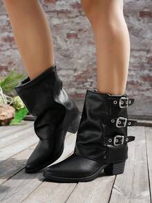 Sepatu Bot Bertumpuk dengan Ujung Lancip dan Detail Kerut, Sepatu Bot Ankle Ramping dengan Hak Tebal Terbaru, Sepatu Bot Berkuda dengan Fokus Desain. - Hitam - View 4